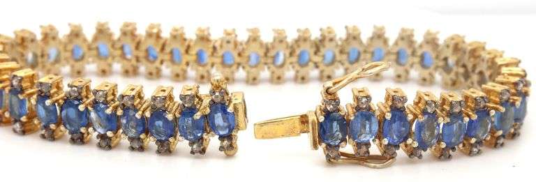 Breathtaking 10.74CTW Oval Faceted Kyanite & 2.50CTW Diamond Bracelet in 14K Yellow Gold Over Sterli