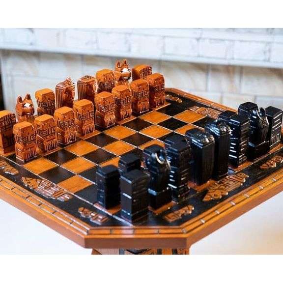 Collectors Hand-Carved Luxury Oak Wood Chess Set with Table
