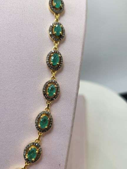 18" Necklace with 37 Natural Emerald, Diamond Accents in Sterling Silver