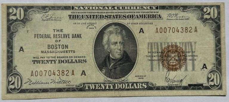 1929 Series $20 Boston Mass National Currency Note