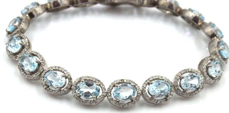 Dreamy 14.10CTW Oval Emerald-Cut Blue Topaz & 3.00CTW Diamond Tennis Bracelet in 14K White Gold Over