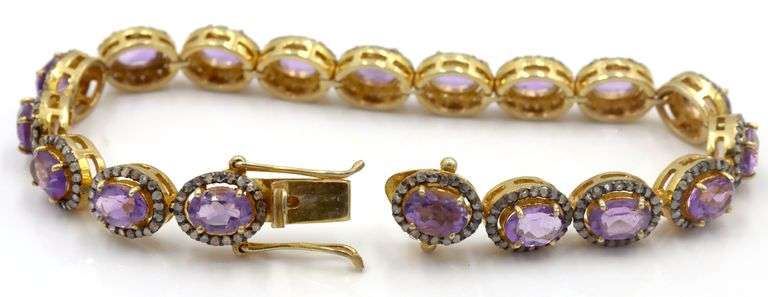 Dazzling 14.98CTW Oval Shaped Emerald-Cut Amethyst & Diamond Bracelet in14K Yellow Gold Over Sterlin