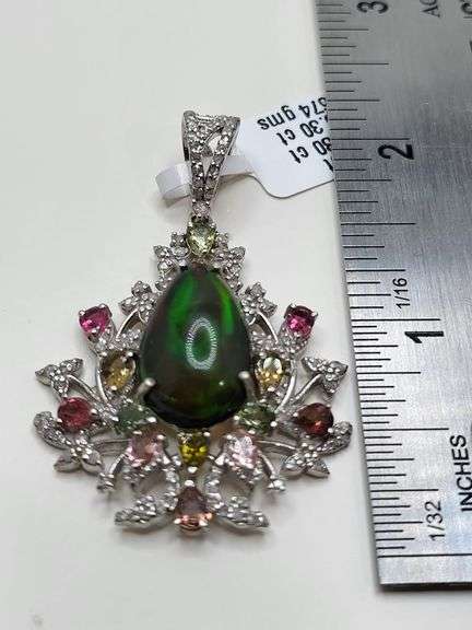 0.53ct Diamond-Centered Pendant with 6.30ct Opal, Sapphire & Diamond Accents in Sterling Silver