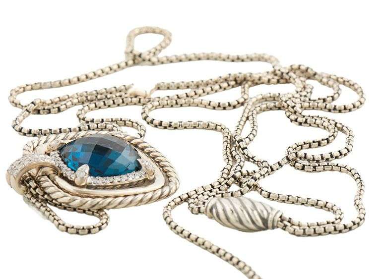 David Yurman Chatelaine 0.41ctw Diamond and Hampton Blue Topaz Pendant Necklace in Sterling