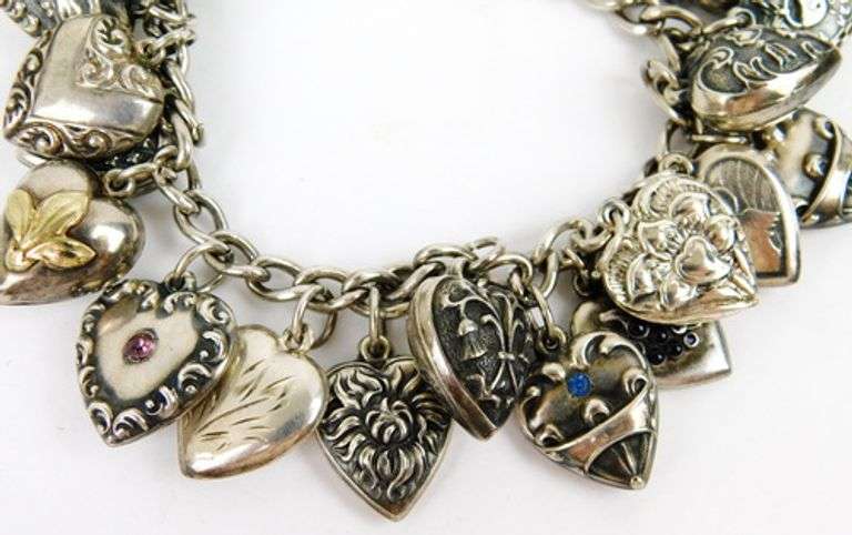 Antique Sterling Silver Puffy Heart Charm Bracelet