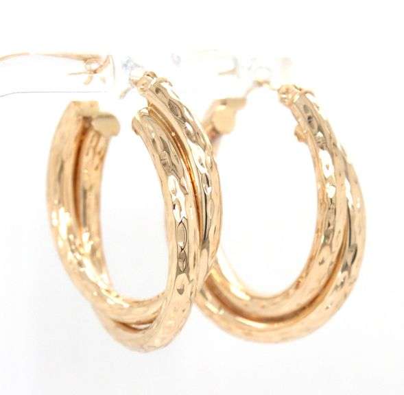 14kt Yellow gold diamond cut crossover hoop earrings