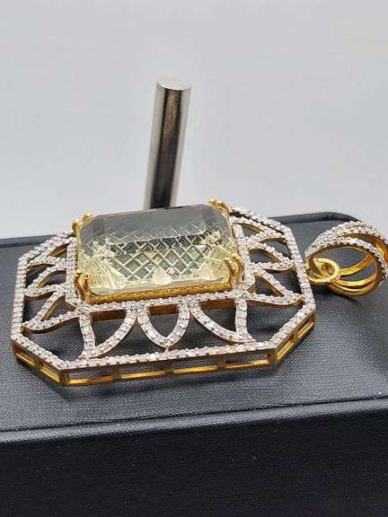 Massive 79.0 ct Lemon-Cut Natural Quartz Pendant with Diamond Accents in Sterling Silver