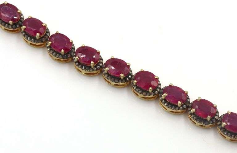 Dreamy 22.00CTW Oval Emerald-Cut Raspberry Red Ruby & Diamond Bracelet in 14K Yellow Gold Over Sterl