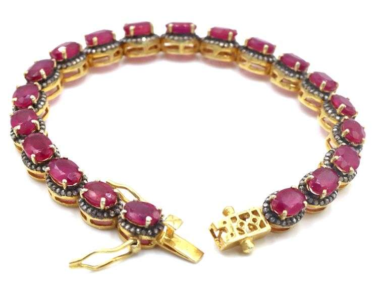 Dreamy 22.00CTW Oval Emerald-Cut Raspberry Red Ruby & Diamond Bracelet in 14K Yellow Gold Over Sterl