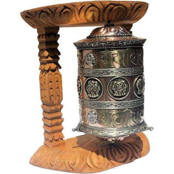 Large Tibetan Prayer Wheel with Wood Frame