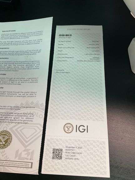 I.G.I CERTIFIED OPAL 1.33 CARAT