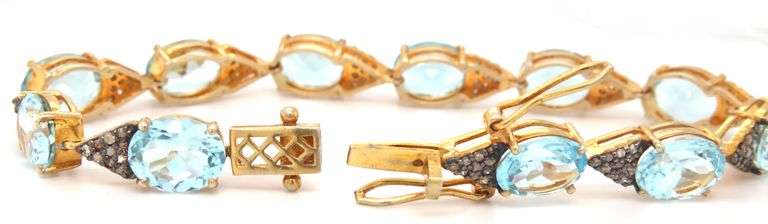 Fabulous 18.67CTW Oval Faceted Blue Topaz & Diamond Bracelet in 14K Yellow Gold Over Sterling Silver