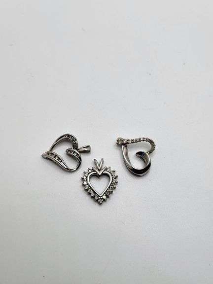 3 Very Nice group lot of 14k white gold heart pendents with diamond