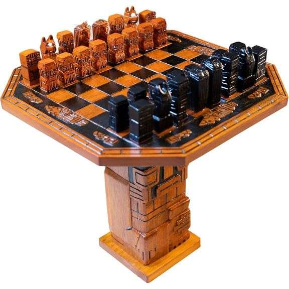 Collectors Hand-Carved Luxury Oak Wood Chess Set with Table