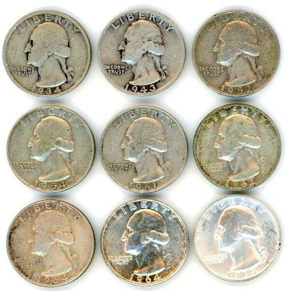 9 Silver Washington Quarters: 1934-1964-S