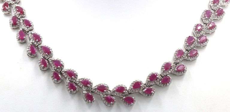 Darling 25.10CTW Pear Shaped Ruby & Diamond Necklace in 14K White Gold Over Sterling Silver