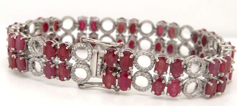 Enamoring 32.00CTW Oval Faceted Ruby & Diamond Bracelet in 14K White Gold Over Sterling Silver
