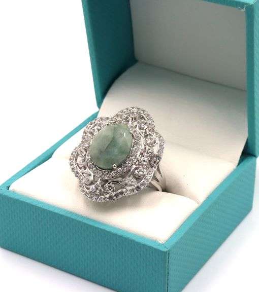 Exquisite 7.75CTS Oval Shaped Cabochon-Cut Emerald & 2.35CTW White Sapphire Ring in Sterling Silver