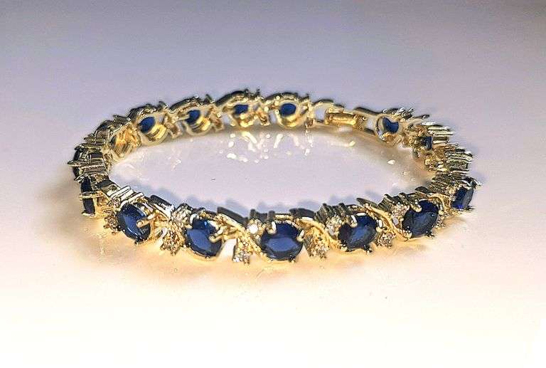 18 K White Gold Plated Huge 12.5 Ctw Lab Simulated Diamond and Blue Sapphire Tennis Bracelet