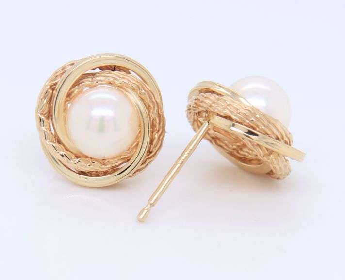 14kt Yellow Gold Twisted Infinity Pearl Earrings