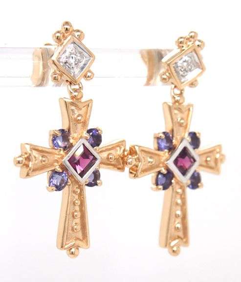 14kt Yellow gold Tanzanite and diamond accent cross earrings