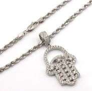 Heavy 14kt white gold 2.75ctw diamond Hamsa pendant on rope chain necklace