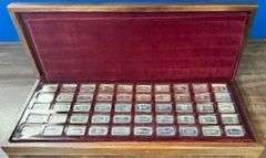 Complete Proof Set of 50 Bankmarked Sterling Silver Ingots.107 Ozs. Walnut box