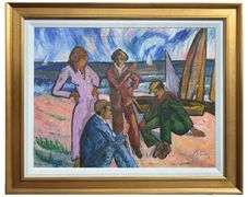 Remarkable oil on burlap art by Manor Shadian (1931- ) Manor Shadian Boat People