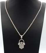 Heavy 14kt white gold 2.75ctw diamond Hamsa pendant on rope chain necklace