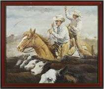 Large Original Oil on Canvas Cowboys Herding Cattle Framed