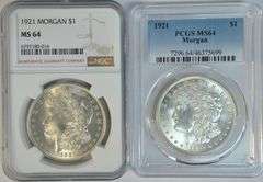 2 Near Gem BU 1921 Morgan Silver Dollars. PCGS & NGC MS64