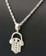 Heavy 14kt white gold 2.75ctw diamond Hamsa pendant on rope chain necklace