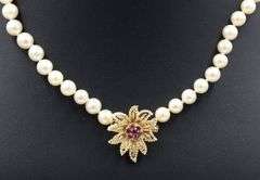 6mm Akoya pearl strand necklace with fancy ruby clasp