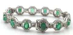 Sparkling 9.98CTW Oval Shaped Emerald-Cut  Natural Emerald & 2.68CTW Diamond Bracelet in 14K White G