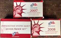 3 Scarce Silver Proof Sets 2007, 2008, & 2009 in original boxes