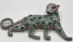Artistic Panther Pendant in Sterling Silver with 4.02ct Diamonds, 0.15ct Ruby & 1.45ct Emerald Accen