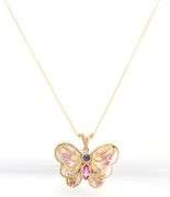 14kt Yellow gold mother of pearl and multi gemstone butterfly pendant on chain