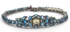 Sparkling 15.00CTW  Oval Emerald-Cut Blue Topaz & Diamond Bracelet in Antique 14K Gold Over Sterling