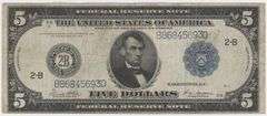 Popular 1914 Series Large Size $5 Federal Reserve Note (2-B)
