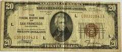 1929 Series $20 San Francisco National Currency Note.