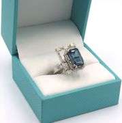 Amazing Very Rare 5.40CTS Emerald-Cut London blue Topaz & Diamond Ring in Sterling Silver