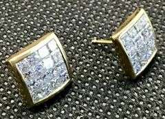 14K Yellow Gold Princess Cut Diamond Cluster Earring