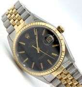 Rolex Date just 2 tone 36mm on black stick dial watch