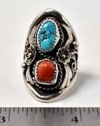 Turquoise and Coral Gemstone Ring in Sterling Silver