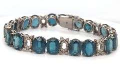 Awesome 50.89CTW Oval Emerald-Cut Blue Topaz & Diamond Bracelet in 14K White Gold Over Sterling Silv