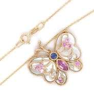 14kt Yellow gold mother of pearl and multi gemstone butterfly pendant on chain