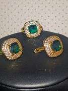 Stunning 18 Kt Yellow Gold Plate 4 Piece Lab Simulated Emerald Jewelry Set