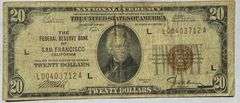 1929 Series $20 San Francisco National Currency Note.