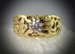 Unisex 14K Yellow Gold Nugget Ring with 1/2 CT. Diamond