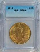 Scarce Near Gem BU 1915 St. Gaudens $20 Gold Piece. ICG MS64